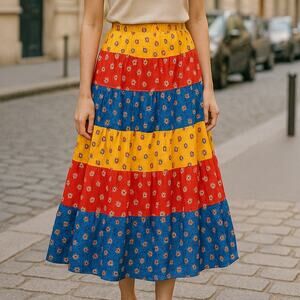 Vintage On The Verge Tiered Maxi Skirt Colorblock Floral USA Made Size M